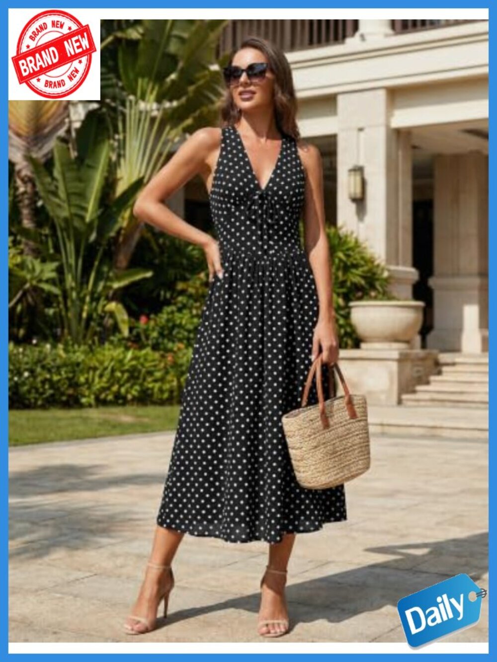Polka Dot Halter V-Neck Maxi Dress with Pockets Smocked Casual Long Summer - Picture 2 of 6